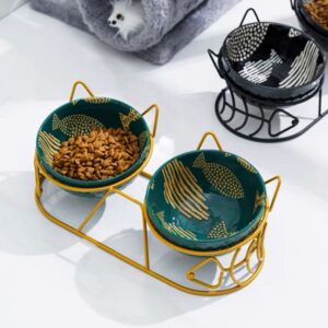 Stylish Ceramic Double Cat Bowl with Metal Rack