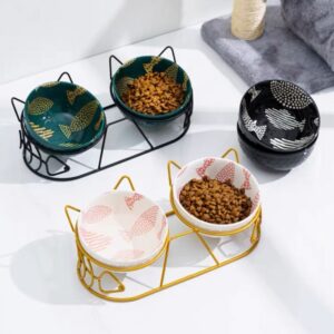 Stylish Ceramic Double Cat Bowl with Metal Rack - Image 2